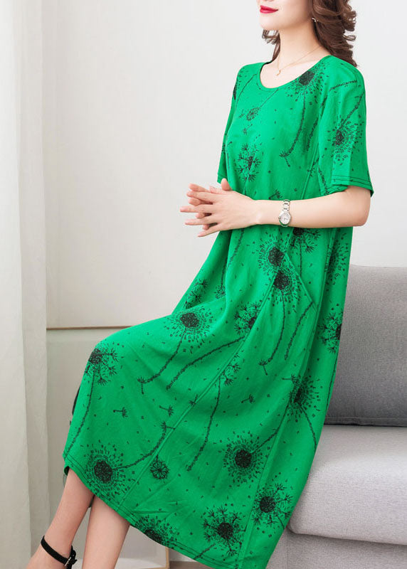 Loose Green O Neck Print Pockets Patchwork Cotton Dress Summer Ada Fashion