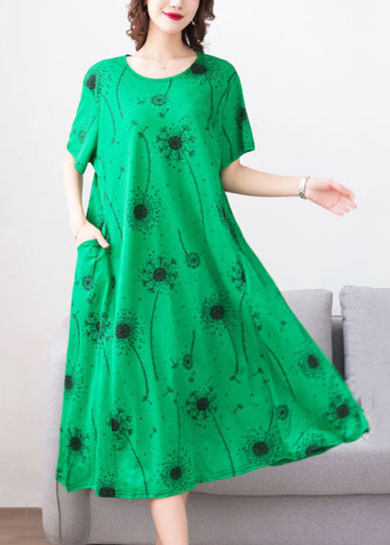 Loose Green O Neck Print Pockets Patchwork Cotton Dress Summer Ada Fashion