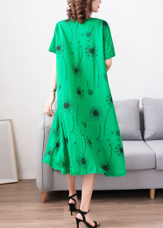 Loose Green O Neck Print Pockets Patchwork Cotton Dress Summer Ada Fashion