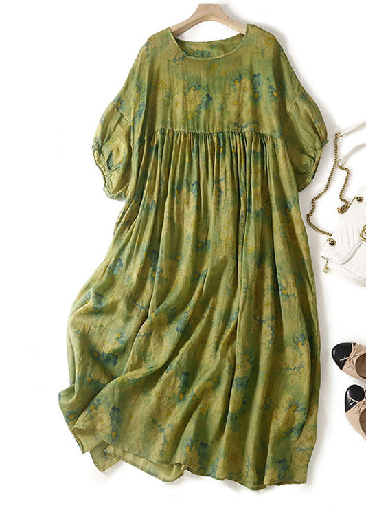 Loose Green O Neck Print Wrinkled Patchwork Linen Dress Summer Ada Fashion