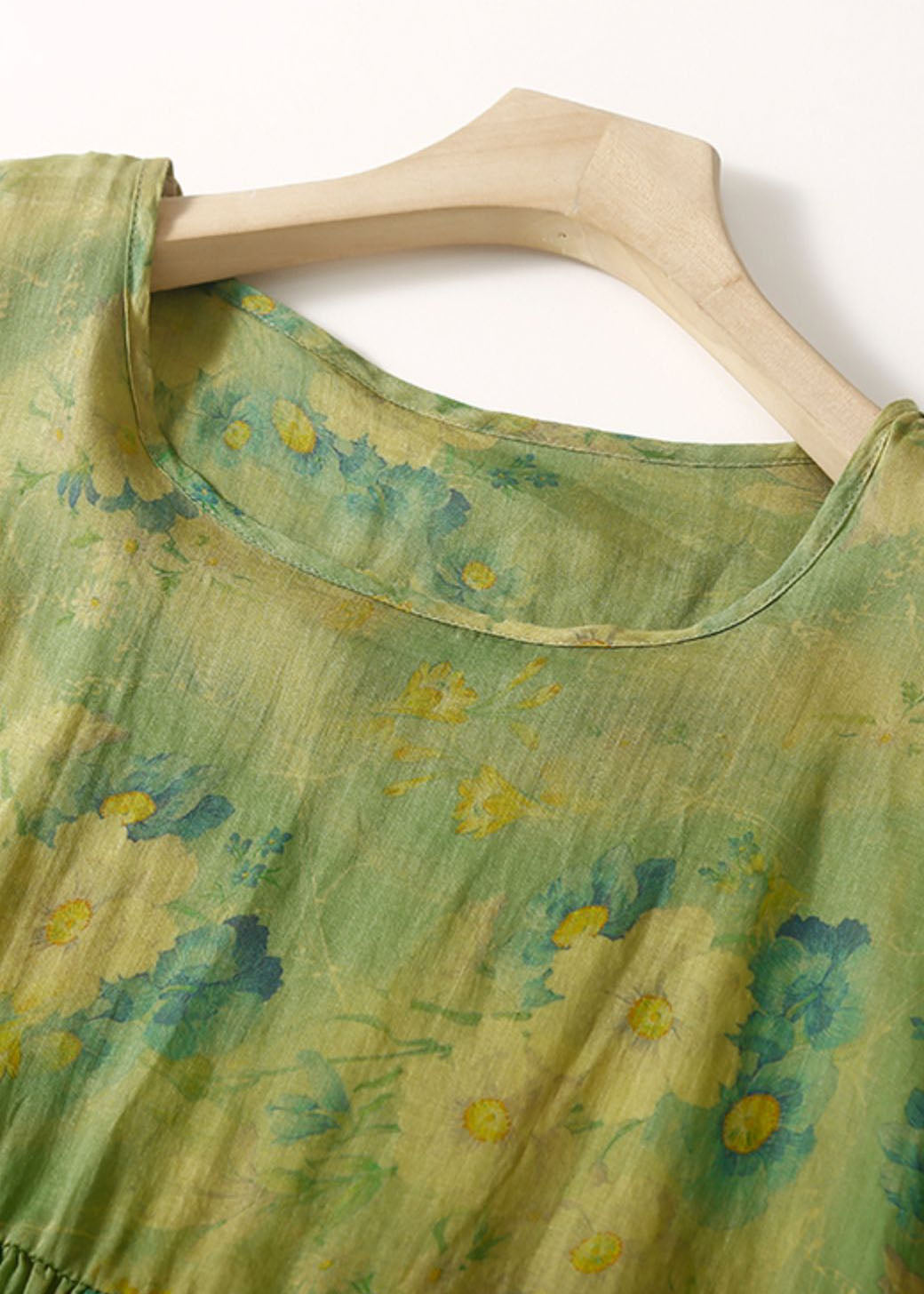 Loose Green O Neck Print Wrinkled Patchwork Linen Dress Summer Ada Fashion