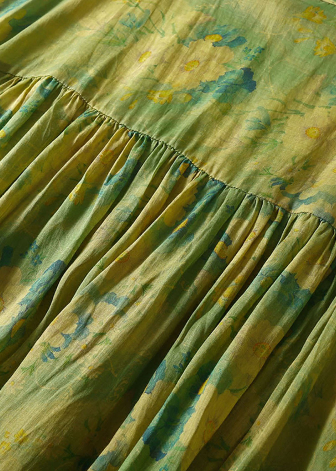 Loose Green O Neck Print Wrinkled Patchwork Linen Dress Summer Ada Fashion