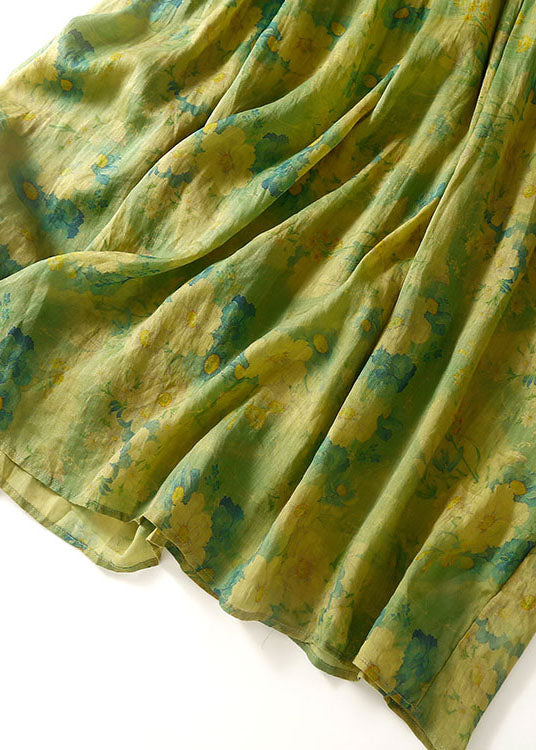 Loose Green O Neck Print Wrinkled Patchwork Linen Dress Summer Ada Fashion