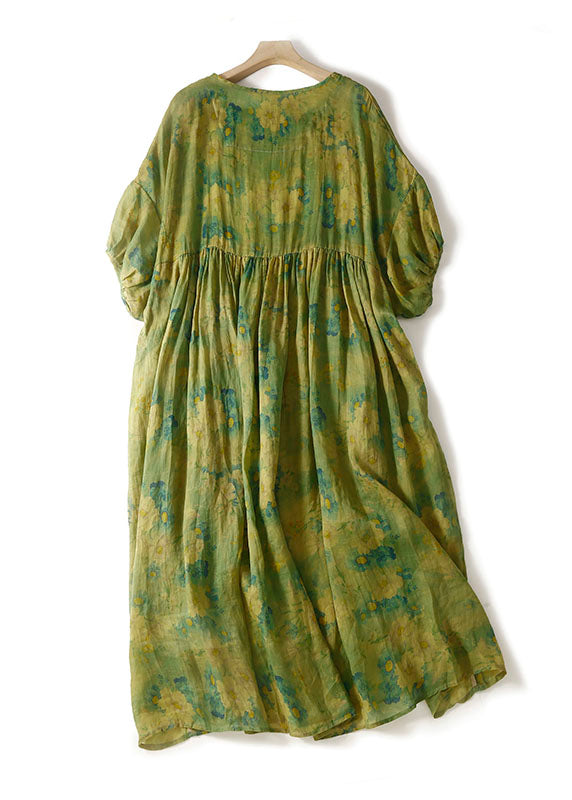 Loose Green O Neck Print Wrinkled Patchwork Linen Dress Summer Ada Fashion