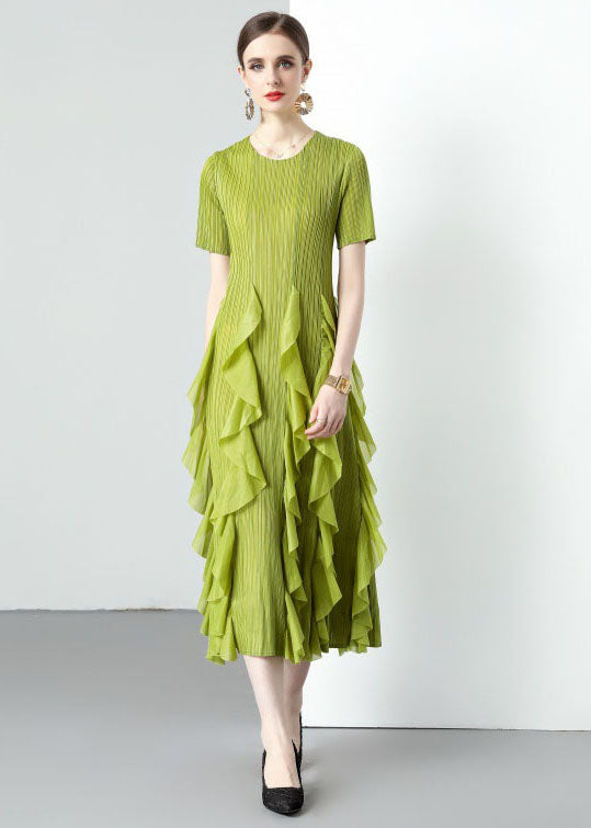 Loose Green O-Neck Ruffled Patchwork Chiffon Long Dresses Summer LY7390 - fabuloryshop