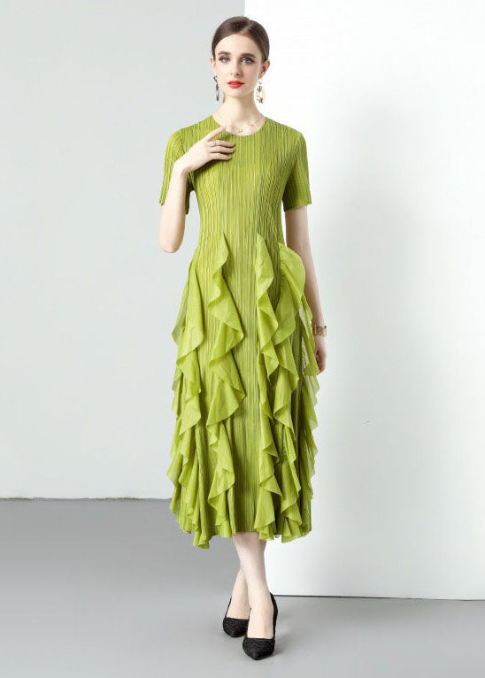 Loose Green O-Neck Ruffled Patchwork Chiffon Long Dresses Summer LY7390 - fabuloryshop
