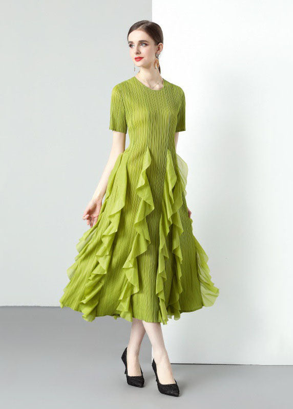 Loose Green O-Neck Ruffled Patchwork Chiffon Long Dresses Summer LY7390 - fabuloryshop