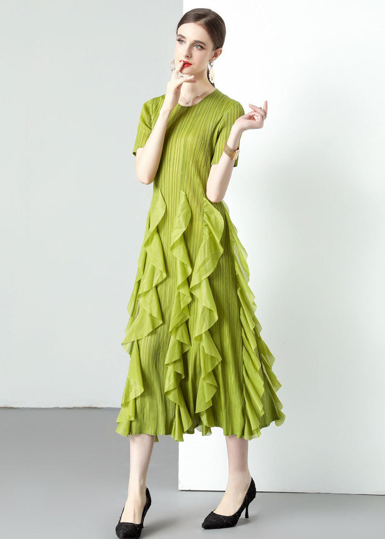Loose Green O-Neck Ruffled Patchwork Chiffon Long Dresses Summer LY7390 - fabuloryshop