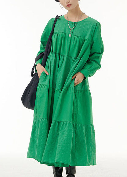 Loose Green O Neck Wrinkled Patchwork Cotton Dresses Spring LY1144 - fabuloryshop