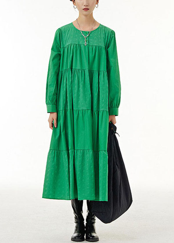 Loose Green O Neck Wrinkled Patchwork Cotton Dresses Spring LY1144 - fabuloryshop
