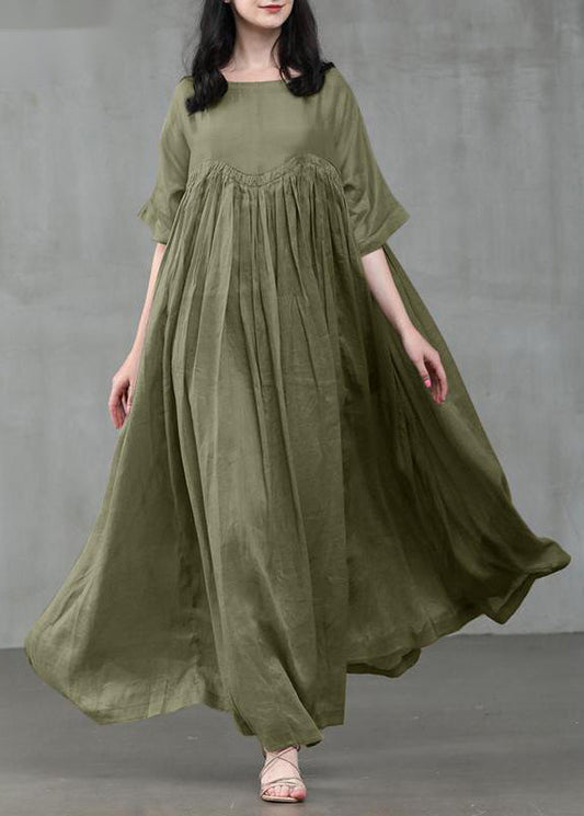 Loose Green Patchwork Wrinkled Linen Maxi Dress Short Sleeve LC0012 - fabuloryshop