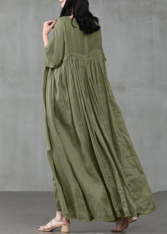 Loose Green Patchwork Wrinkled Linen Maxi Dress Short Sleeve LC0012 - fabuloryshop