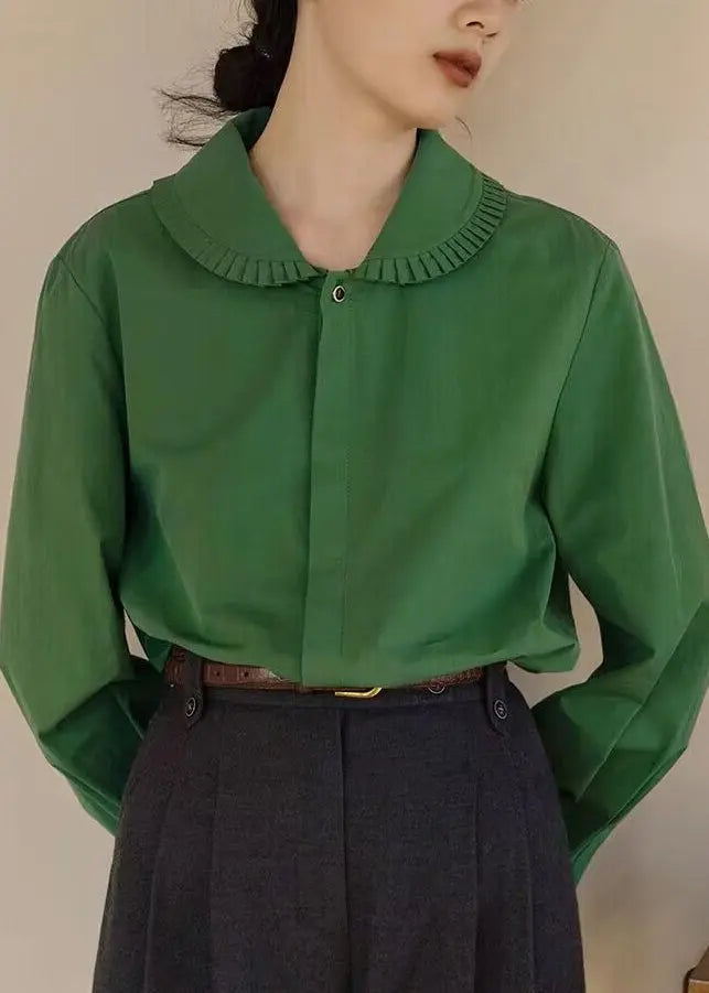 Loose Green Peter Pan Collar Button  Cotton Blouses Fall Ada Fashion