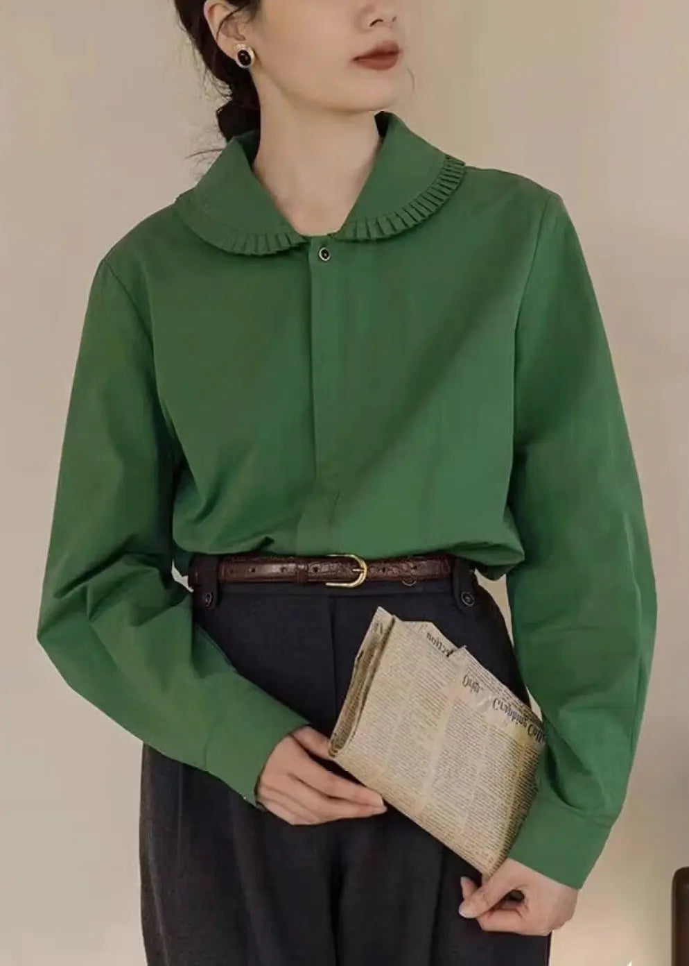 Loose Green Peter Pan Collar Button  Cotton Blouses Fall Ada Fashion