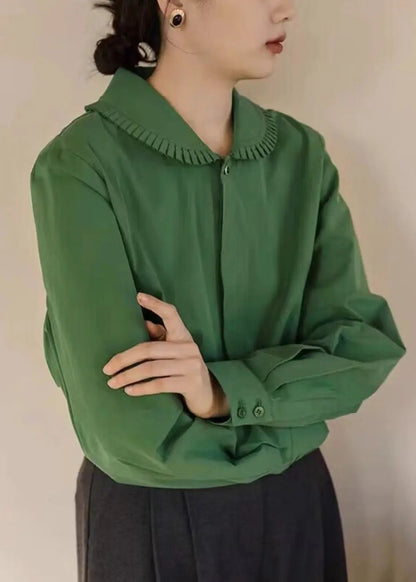 Loose Green Peter Pan Collar Button  Cotton Blouses Fall Ada Fashion