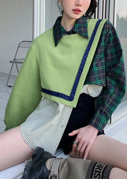 Loose Green Peter Pan Collar Patchwork Button Fake Two Pieces Sweatshirt Spring LY0798 - fabuloryshop