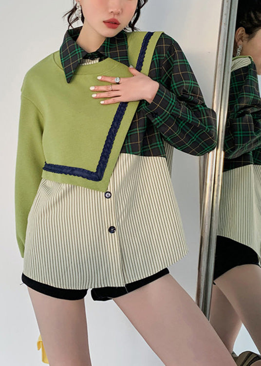 Loose Green Peter Pan Collar Patchwork Button Fake Two Pieces Sweatshirt Spring LY0798 - fabuloryshop