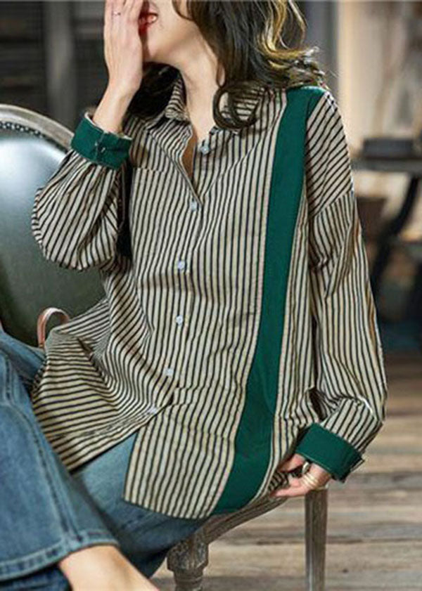 Loose Green Peter Pan Collar Striped Patchwork Cotton Top Spring LY3804 - fabuloryshop