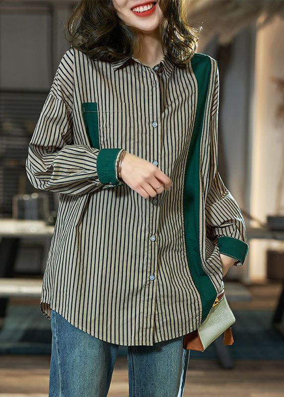 Loose Green Peter Pan Collar Striped Patchwork Cotton Top Spring LY3804 - fabuloryshop