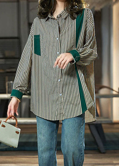 Loose Green Peter Pan Collar Striped Patchwork Cotton Top Spring LY3804 - fabuloryshop