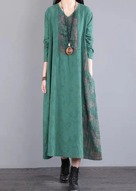 Loose Green Pockets Hollow Out Lace Patchwork Cotton Dress Fall Ada Fashion