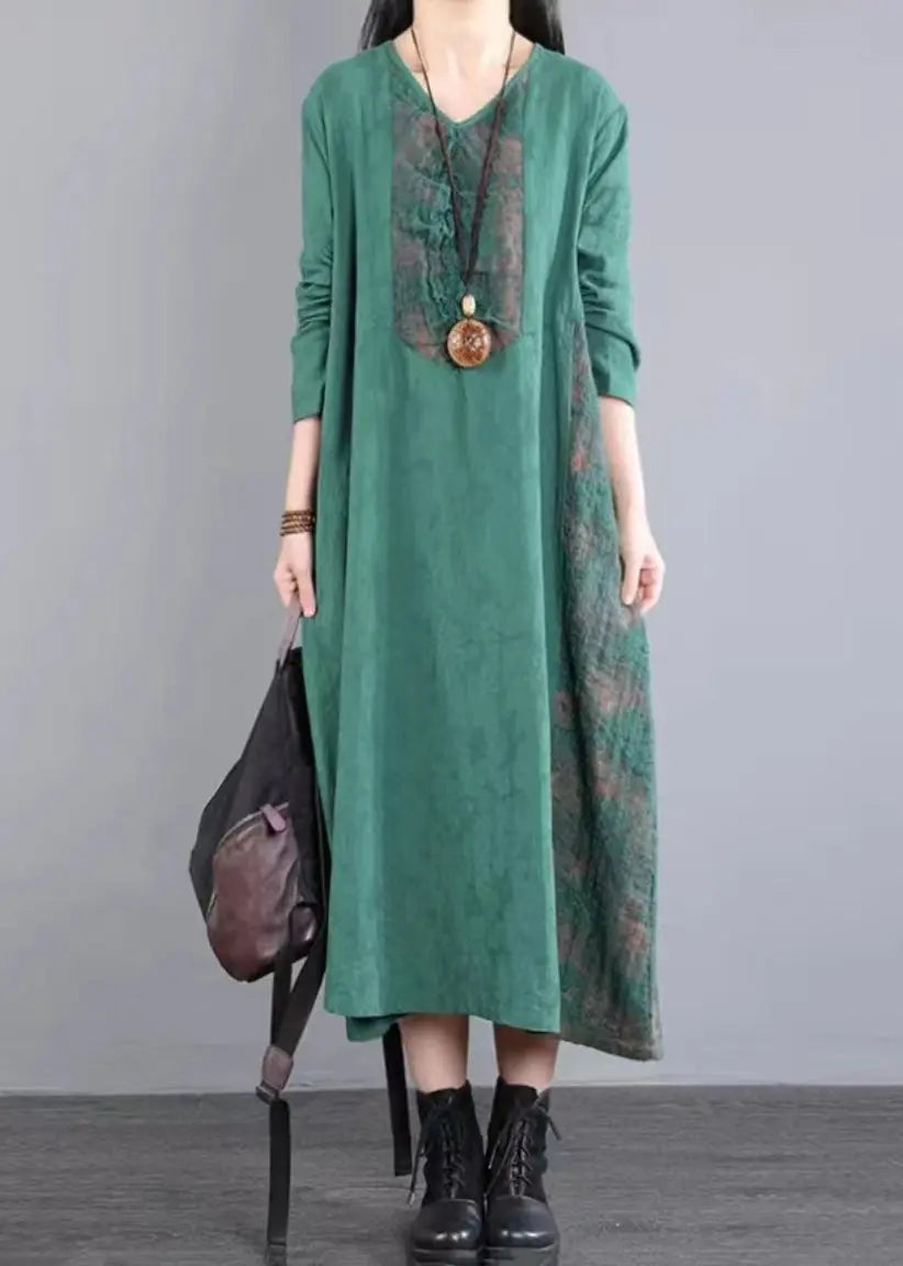 Loose Green Pockets Hollow Out Lace Patchwork Cotton Dress Fall Ada Fashion