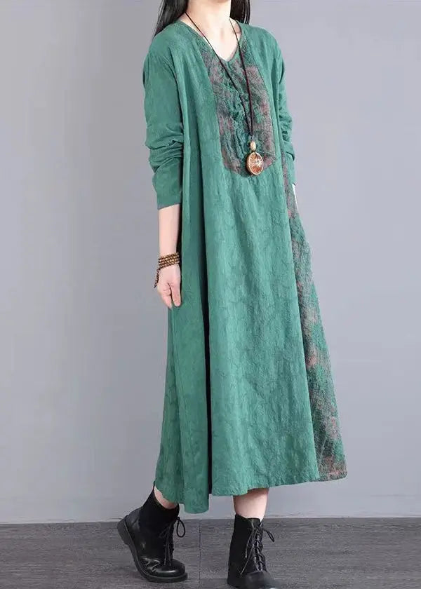 Loose Green Pockets Hollow Out Lace Patchwork Cotton Dress Fall Ada Fashion