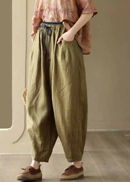 Loose Green Pockets Tie Waist Linen Wide Leg Pants LY6929 - fabuloryshop