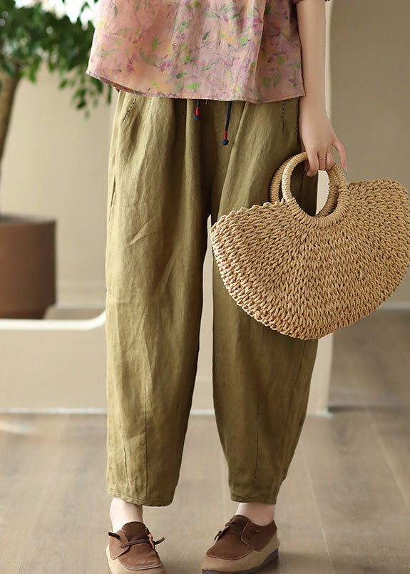 Loose Green Pockets Tie Waist Linen Wide Leg Pants LY6929 - fabuloryshop