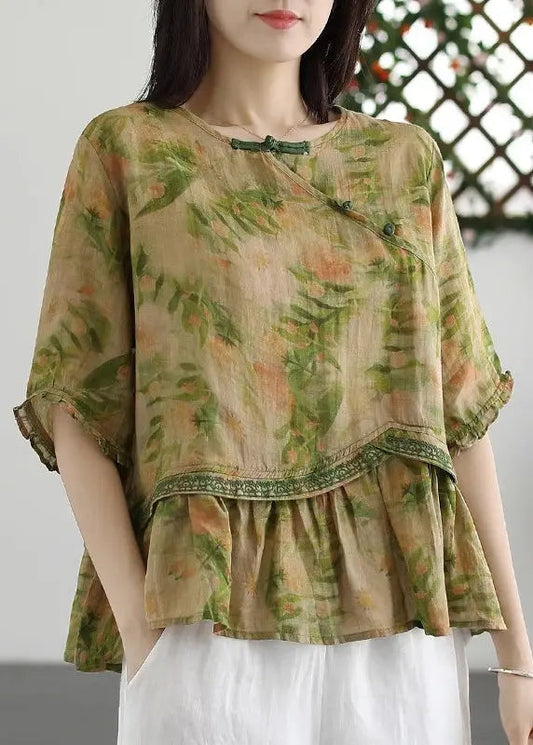 Loose Green Print Button Patchwork Cotton T Shirt Half Sleeve Ada Fashion