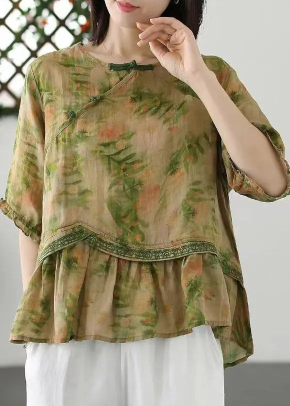 Loose Green Print Button Patchwork Cotton T Shirt Half Sleeve Ada Fashion