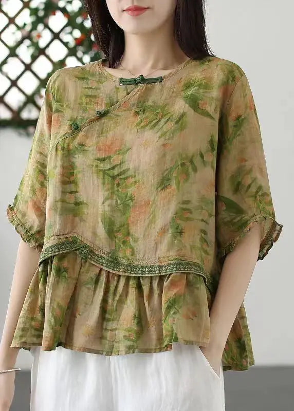 Loose Green Print Button Patchwork Cotton T Shirt Half Sleeve Ada Fashion