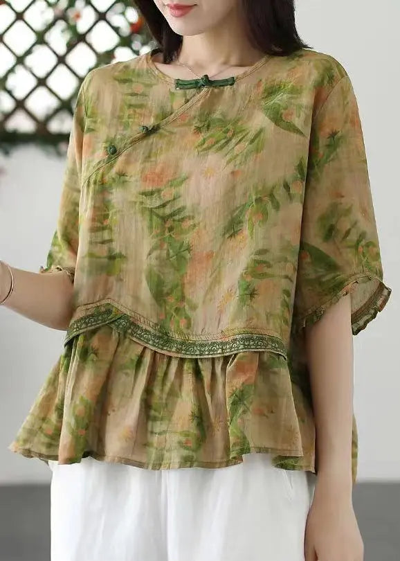 Loose Green Print Button Patchwork Cotton T Shirt Half Sleeve Ada Fashion