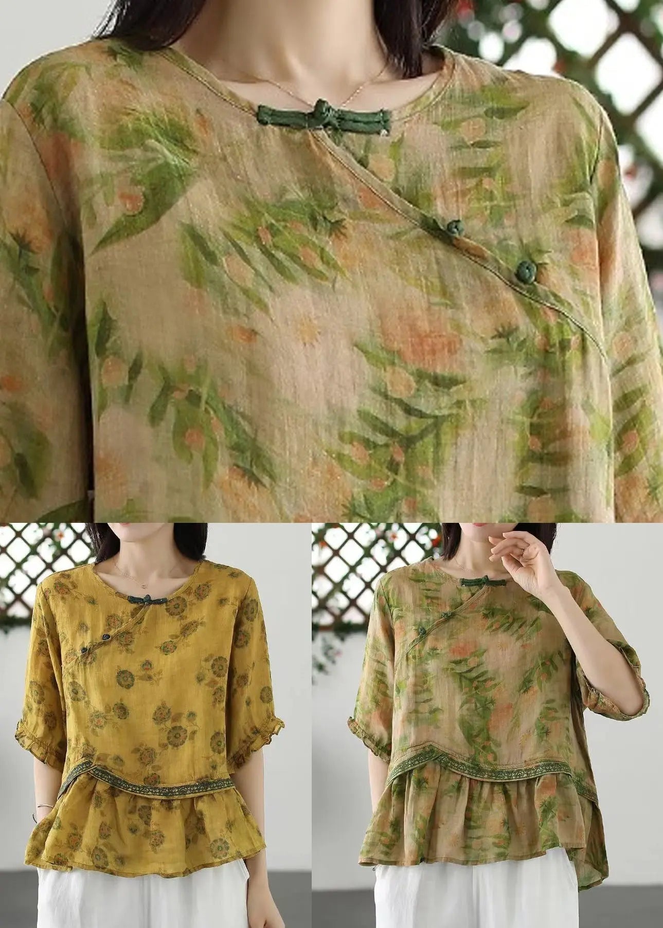 Loose Green Print Button Patchwork Cotton T Shirt Half Sleeve Ada Fashion