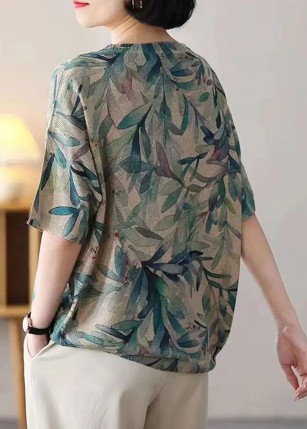 Loose Green Print Patchwork Cozy Cotton Knit T Shirt Summer Ada Fashion