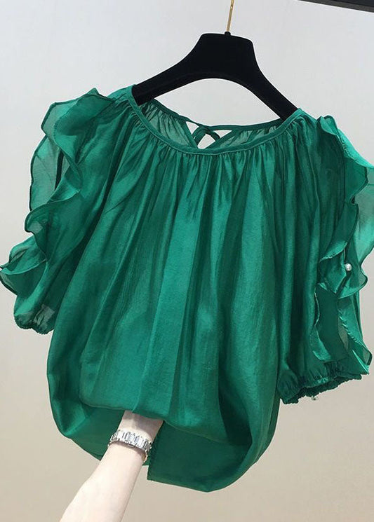 Loose Green Ruffled Patchwork Chiffon Shirt Tops Summer LY0619 - fabuloryshop