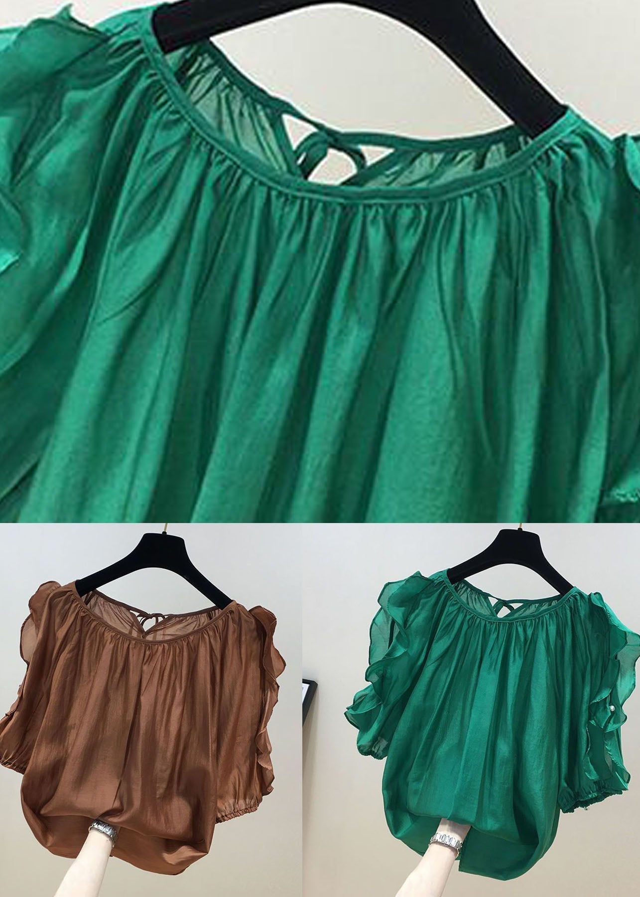 Loose Green Ruffled Patchwork Chiffon Shirt Tops Summer LY0619