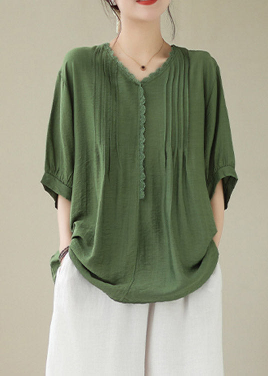 Loose Green Ruffled Patchwork Linen Top Short Sleeve LY4011 - fabuloryshop