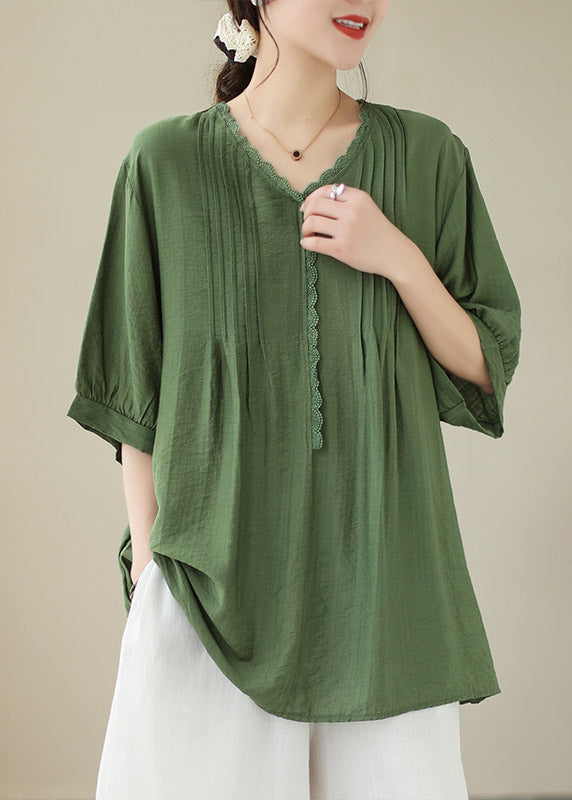 Loose Green Ruffled Patchwork Linen Top Short Sleeve LY4011 - fabuloryshop