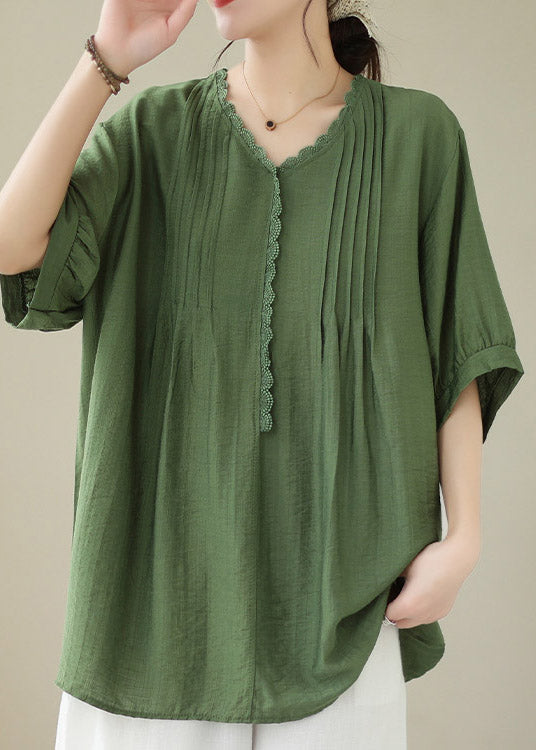 Loose Green Ruffled Patchwork Linen Top Short Sleeve LY4011 - fabuloryshop