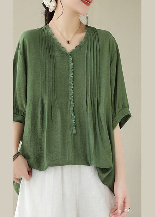 Loose Green Ruffled Patchwork Linen Top Short Sleeve LY4011 - fabuloryshop