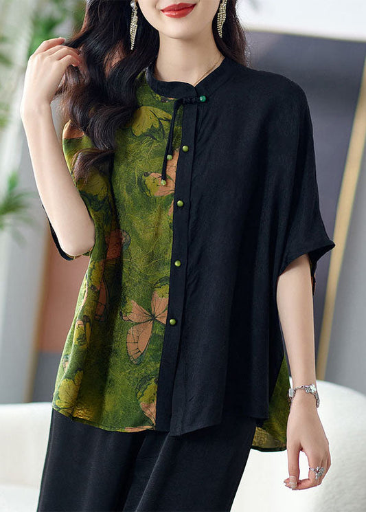 Loose Green Stand Collar Button Print Patchwork Silk Shirts Tops Summer TF1052 - fabuloryshop