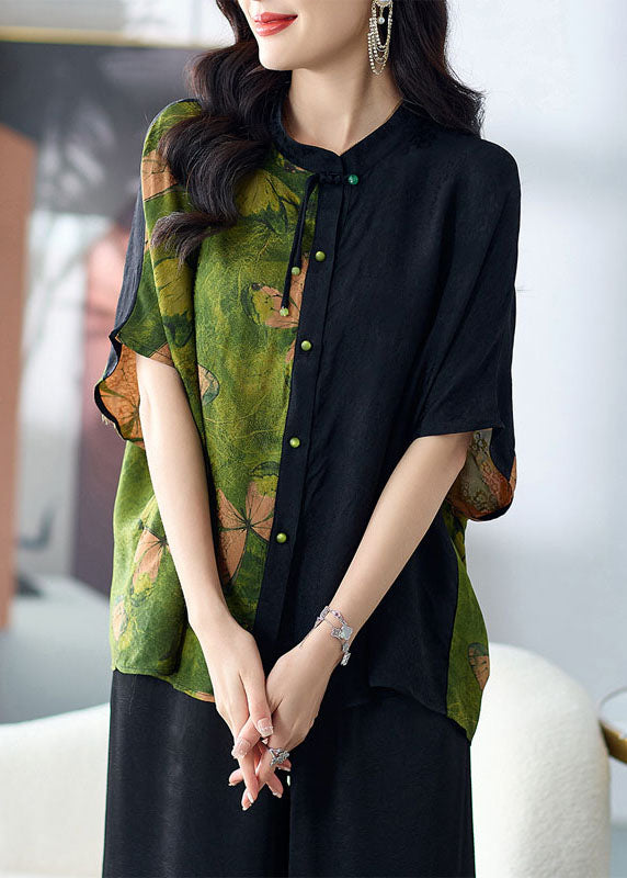 Loose Green Stand Collar Button Print Patchwork Silk Shirts Tops Summer TF1052 - fabuloryshop