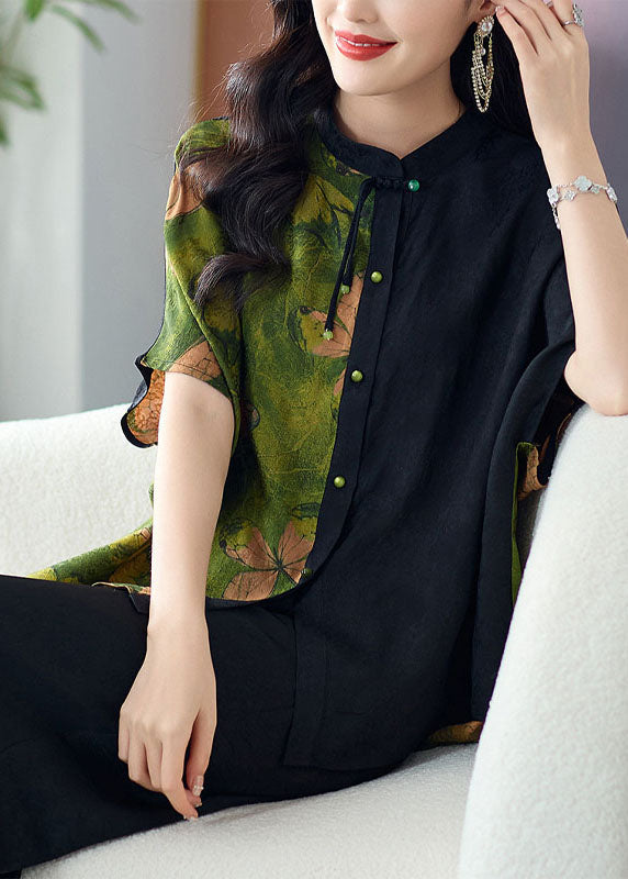 Loose Green Stand Collar Button Print Patchwork Silk Shirts Tops Summer TF1052 - fabuloryshop