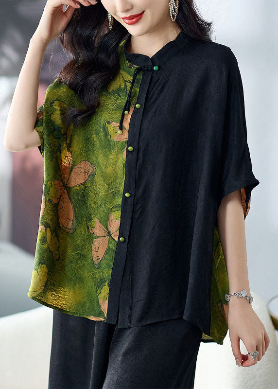 Loose Green Stand Collar Button Print Patchwork Silk Shirts Tops Summer TF1052 - fabuloryshop