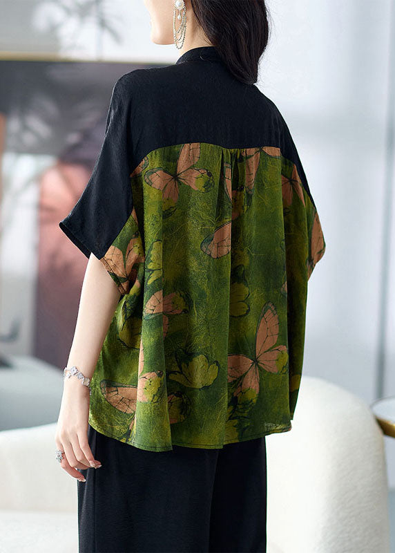 Loose Green Stand Collar Button Print Patchwork Silk Shirts Tops Summer TF1052 - fabuloryshop