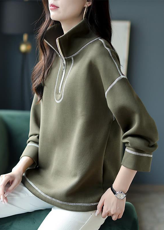 Loose Green Stand Collar Zippered Patchwork Cotton Tops Fall Ada Fashion