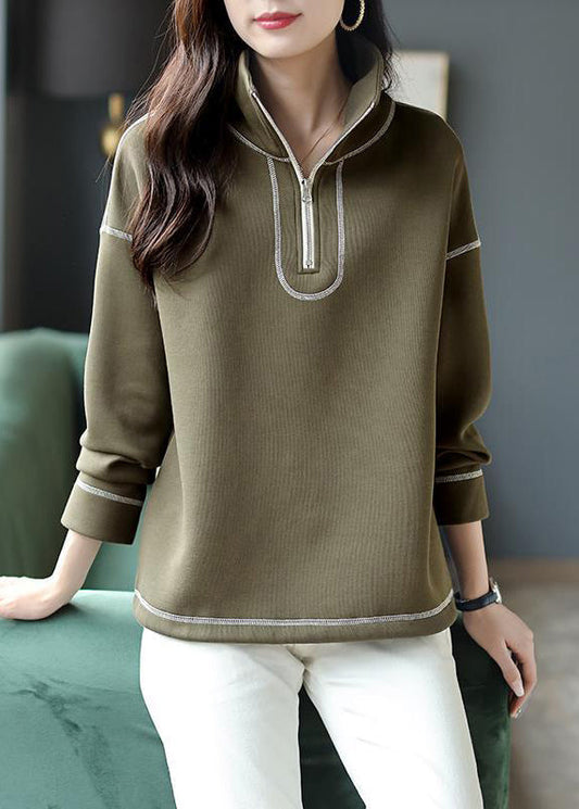 Loose Green Stand Collar Zippered Patchwork Cotton Tops Fall Ada Fashion