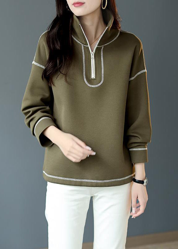 Loose Green Stand Collar Zippered Patchwork Cotton Tops Fall Ada Fashion