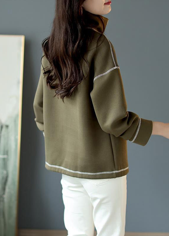 Loose Green Stand Collar Zippered Patchwork Cotton Tops Fall Ada Fashion